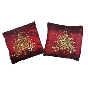 Set Of‎ 2 Christmas Tree Embroidered Decorative Throw Pillows Silk 14.5"x14.5"